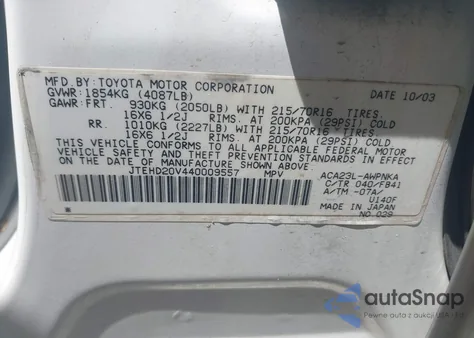 2004 Toyota Rav4 z USA, uszkodzony, nr VIN JTEHD20V440009557